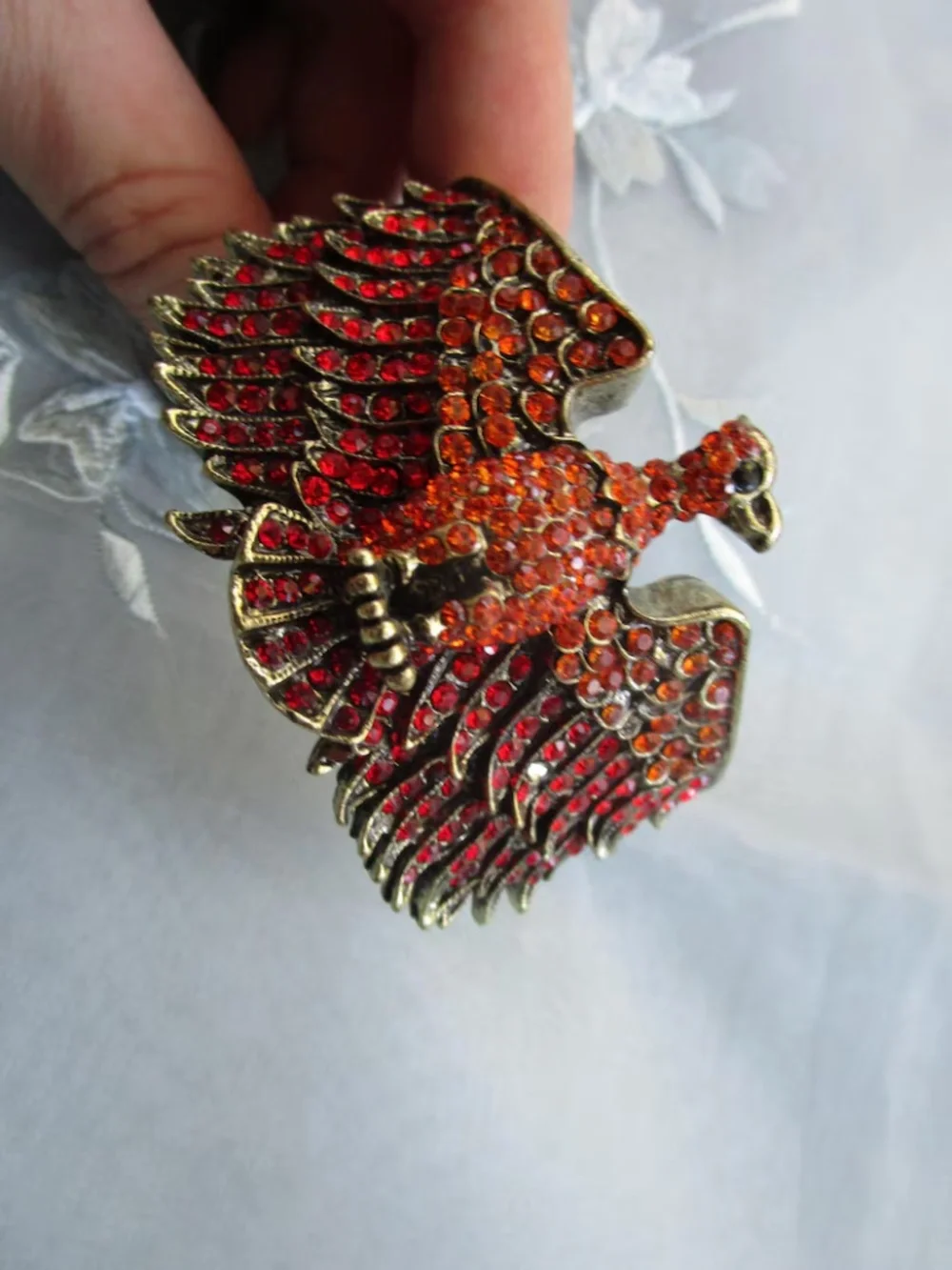 red and orange rhinestone phoenix clamper bracelet ... sparkly vintage cuff - Picture 4 of 6